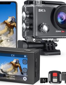 Speed 10 Action Camera 5K 30FPS Waterproof Camera Underwater 131 FT with EIS, Remote Control Sports Camera 5X Zoom with 64GB Card, 2x1350mAh Battery